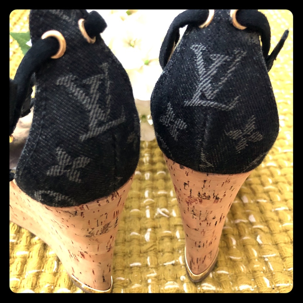 LV Denim Monogram Strappy Wedge Sandals Black 36.5